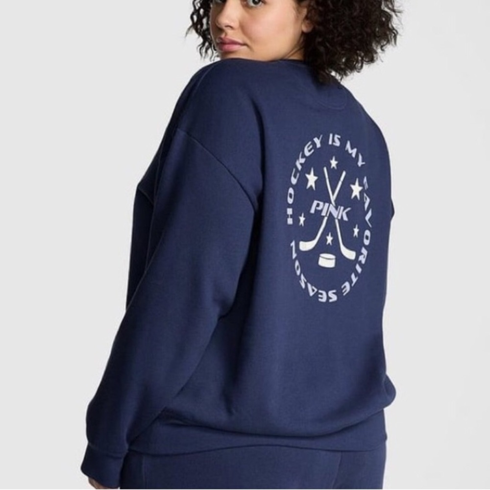 PINK Victoria's Secret Navy Crewneck with Pale Pink Hockey Graphic